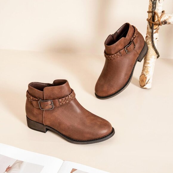 Veittes Women's Brown Comfort Slip On Low Chunky Heel Boot with Buckle Strap - Picture 4 of 6